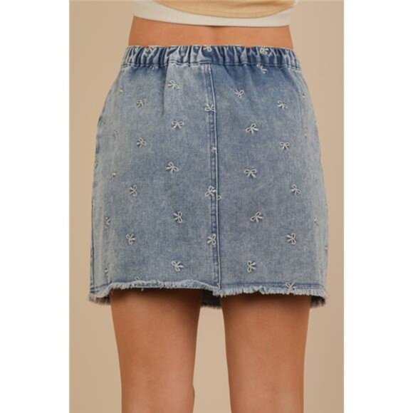 nwt VERY J Bow Printed Casual Denim Mini Skirt - Picture 2 of 5